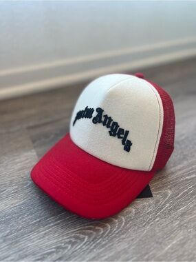 Palm Angels Red White Trucker Hat Gothic Logo Font Mesh Snapback Cap OS Like New